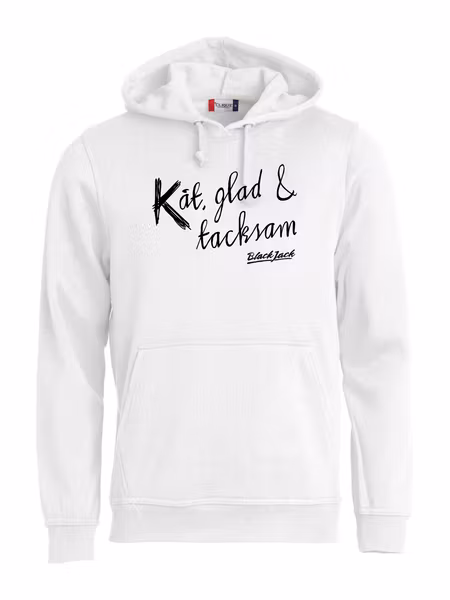 Vit HOODTRÖJA "Black Jack Kåt, glad & tacksam"