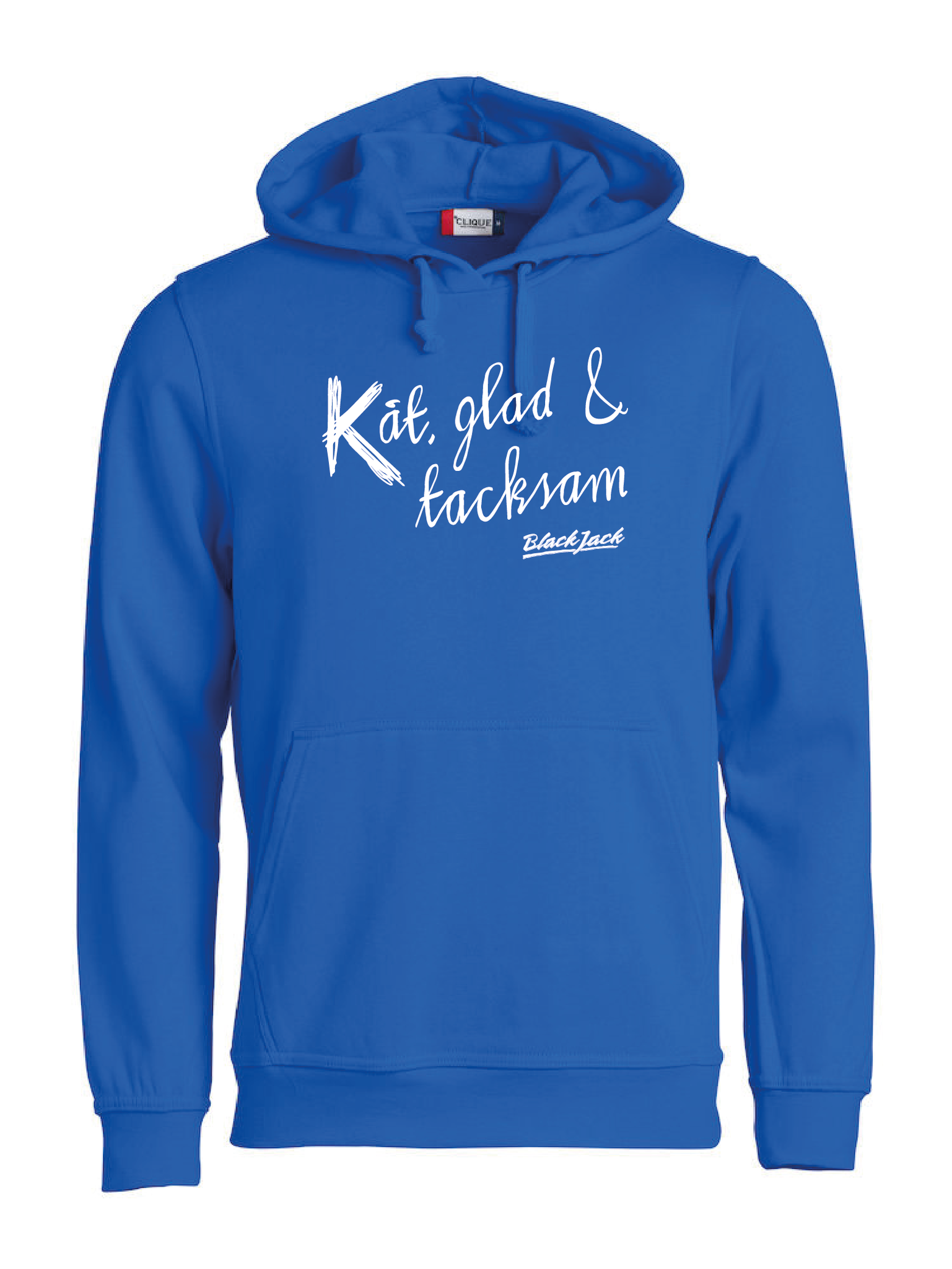 Blå HOODTRÖJA "Black Jack Kåt, glad & tacksam"