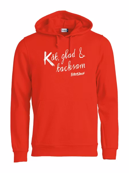 Röd HOODTRÖJA "Black Jack Kåt, glad & tacksam"