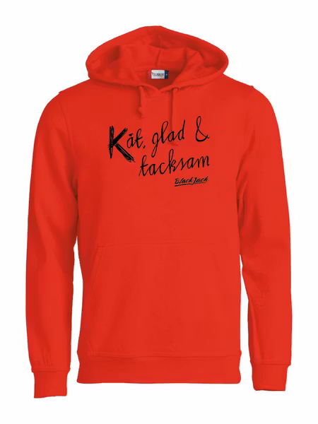 Röd HOODTRÖJA "Black Jack Kåt, glad & tacksam"
