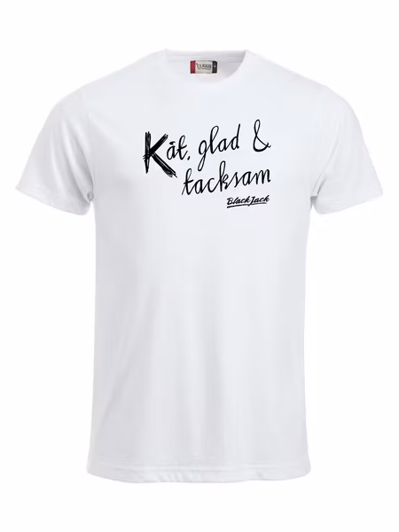 Vit T-shirt "Black Jack Kåt, glad & tacksam"