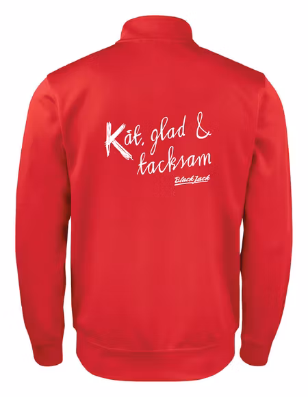 Röd Cardigan Active "Black Jack Kåt, glad & tacksam" rygg