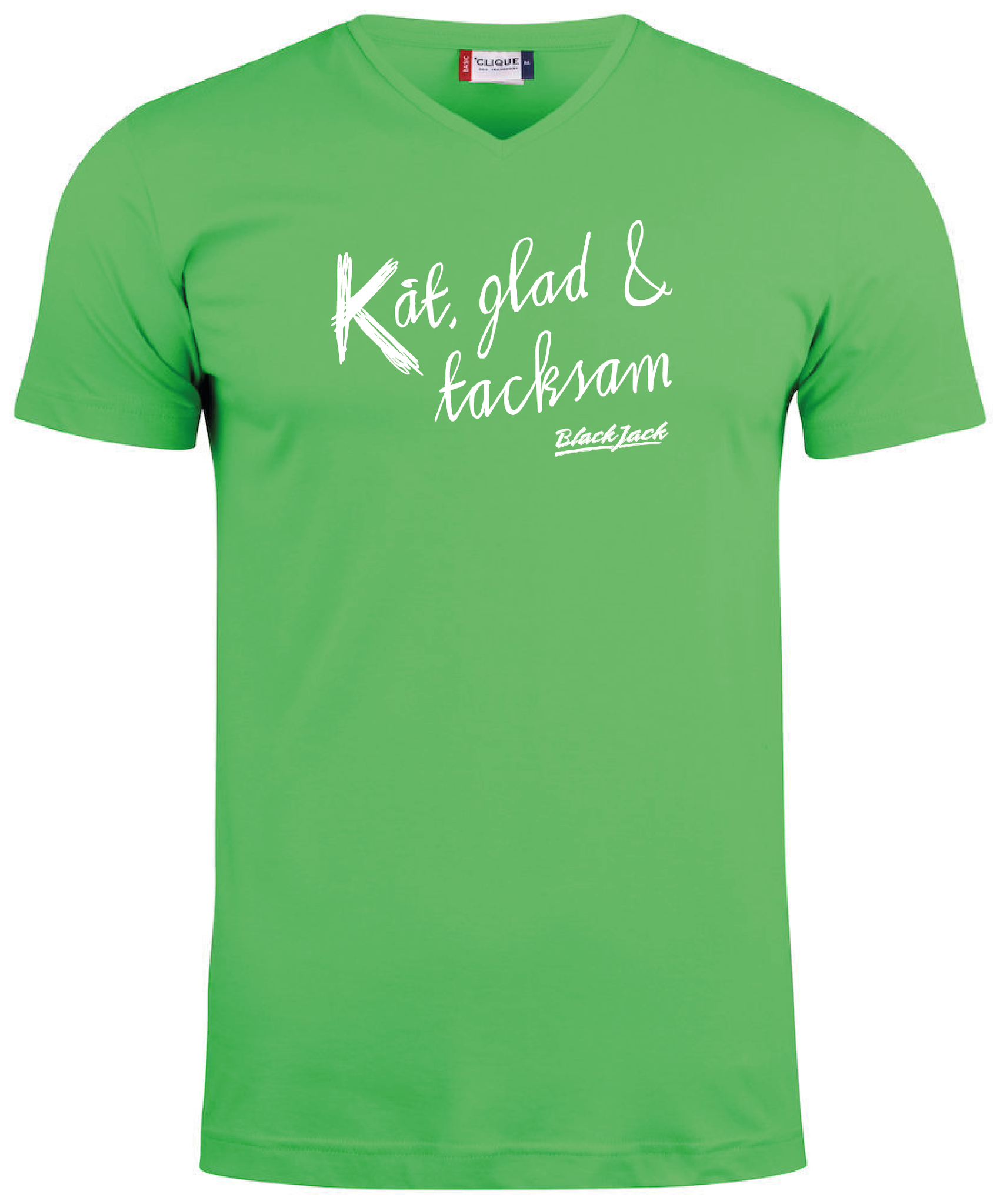 Grön V-hals T-shirt "Black Jack Kåt, glad & tacksam"