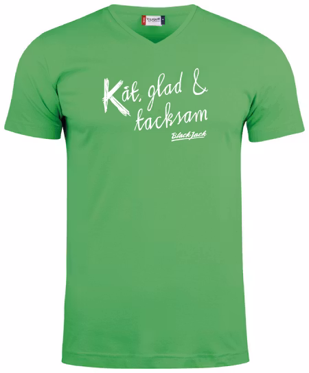 Grön V-hals T-shirt "Black Jack Kåt, glad & tacksam"