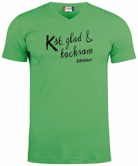 Grön V-hals T-shirt "Black Jack Kåt, glad & tacksam"