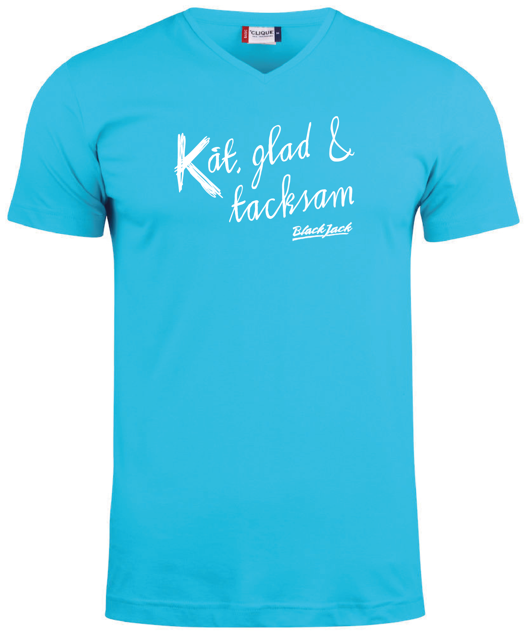 Turkos V-hals T-shirt "Black Jack Kåt, glad & tacksam"