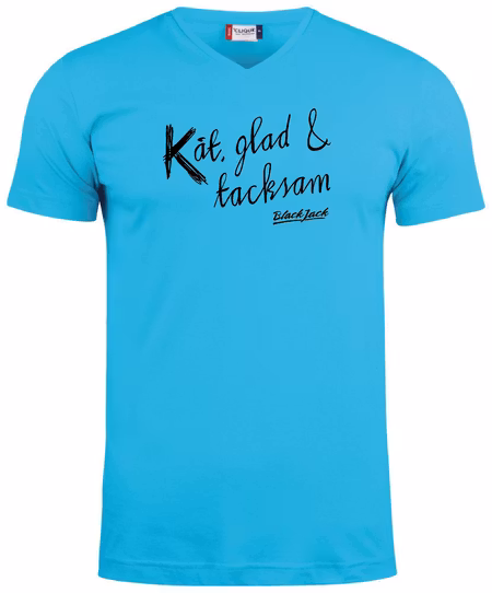 Turkos V-hals T-shirt "Black Jack Kåt, glad & tacksam"