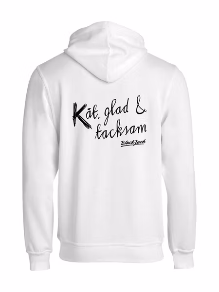Vit HOODJACKA "Black Jack Kåt, glad & tacksam"