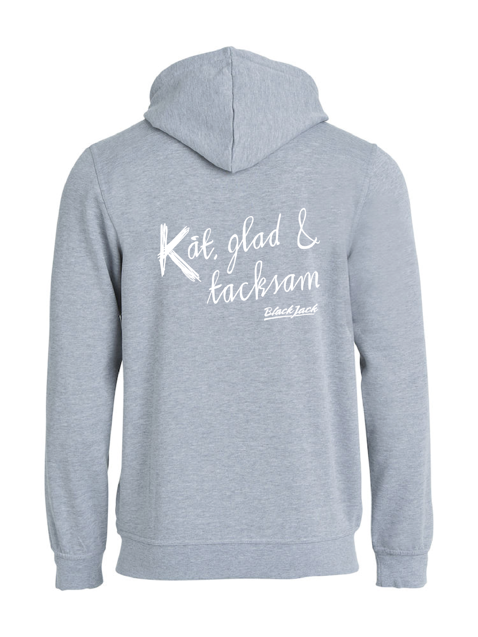 Grå HOODJACKA "Black Jack Kåt, glad & tacksam" vit