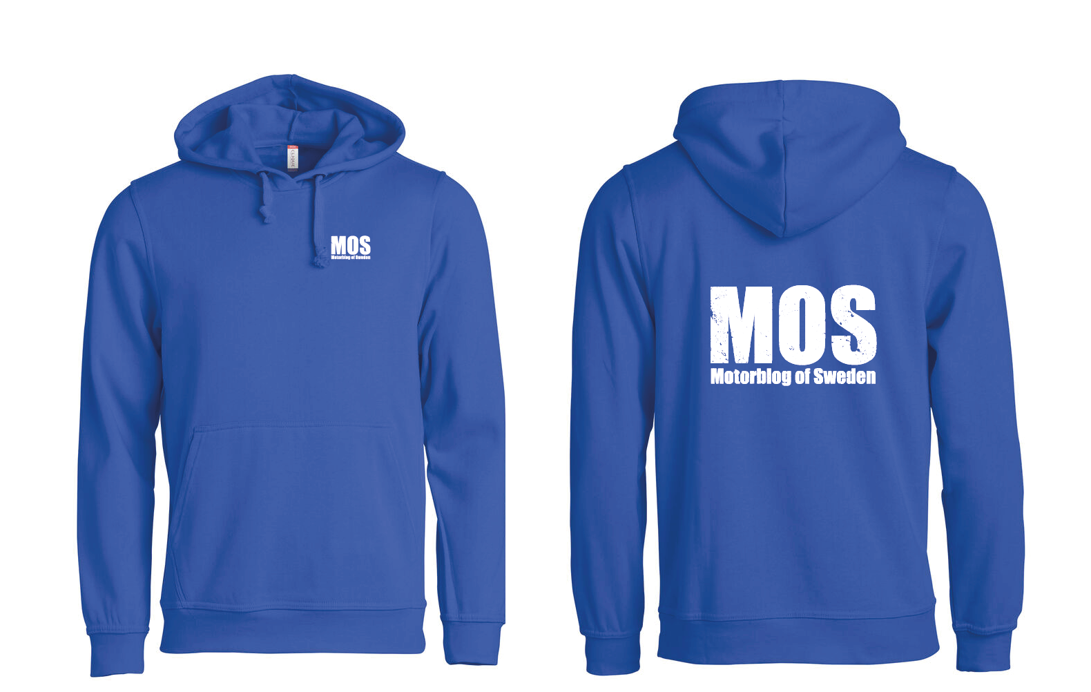 Blå HOODTRÖJA "MOS" litet fram & stort rygg