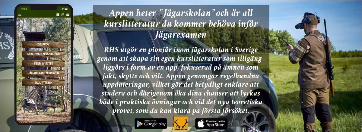 Appen Jägarskolan i en mobil: kurslitteraturen inför jägarexamen, med delprov, vapenhantering, teori och skjutteknik.