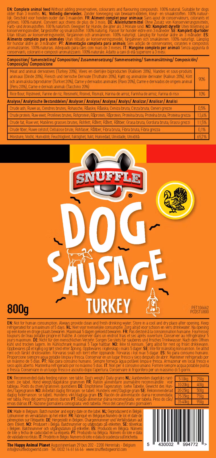 Hundepølse Snuffle Kalkun 800g