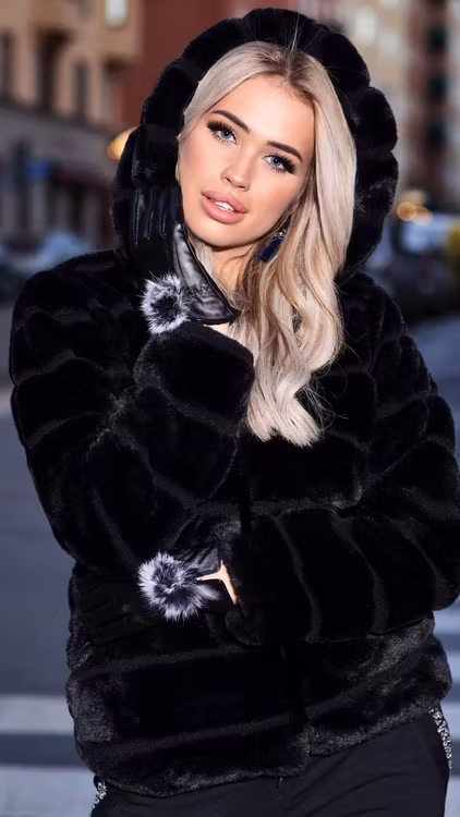 Huda Hooded Faux Fur Jacket Black