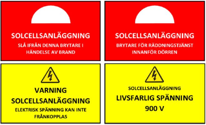 Varning- och informationsskyltar för solcellsanläggning