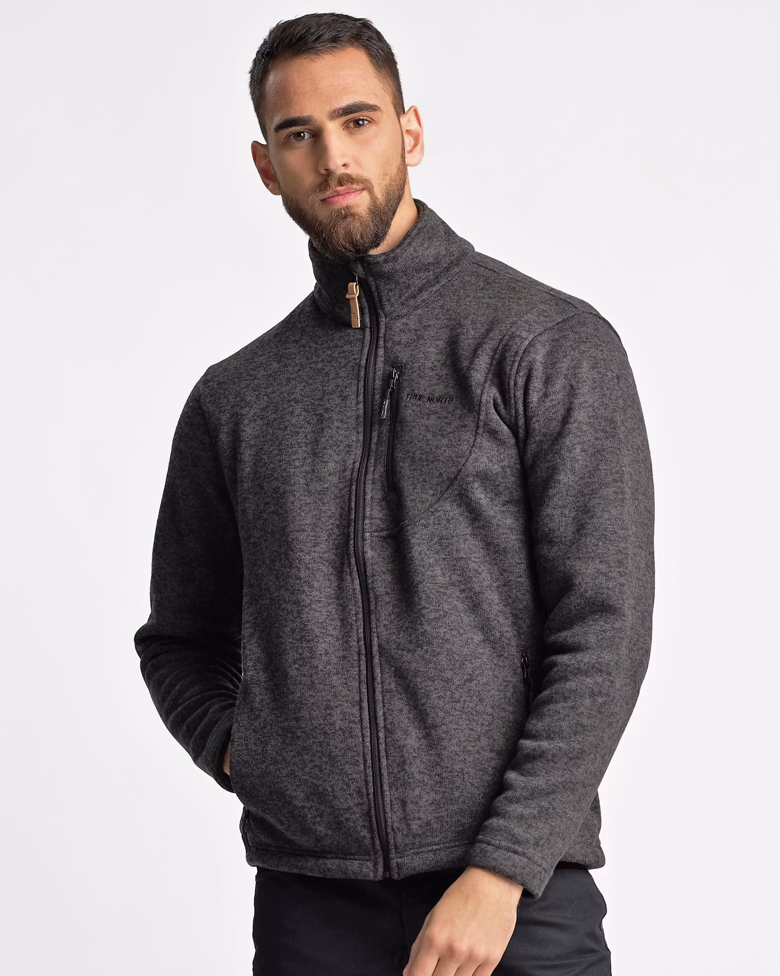 Flatfleece Tröja Herr – Svart Melange (Stora storlekar 3XL–5XL)