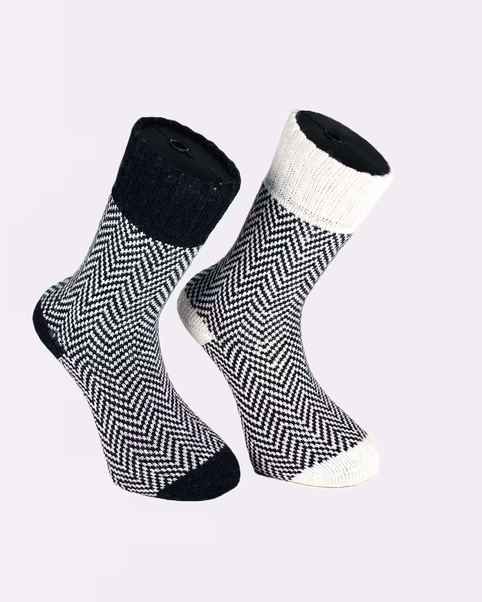 Frottéstickade Ullsockar Zickzack Svart/Vit 2-pack