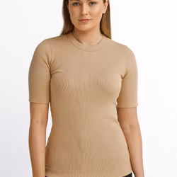 Kortärmad Ribbtop i Bomull – Dam, Beige (XS–XXL)