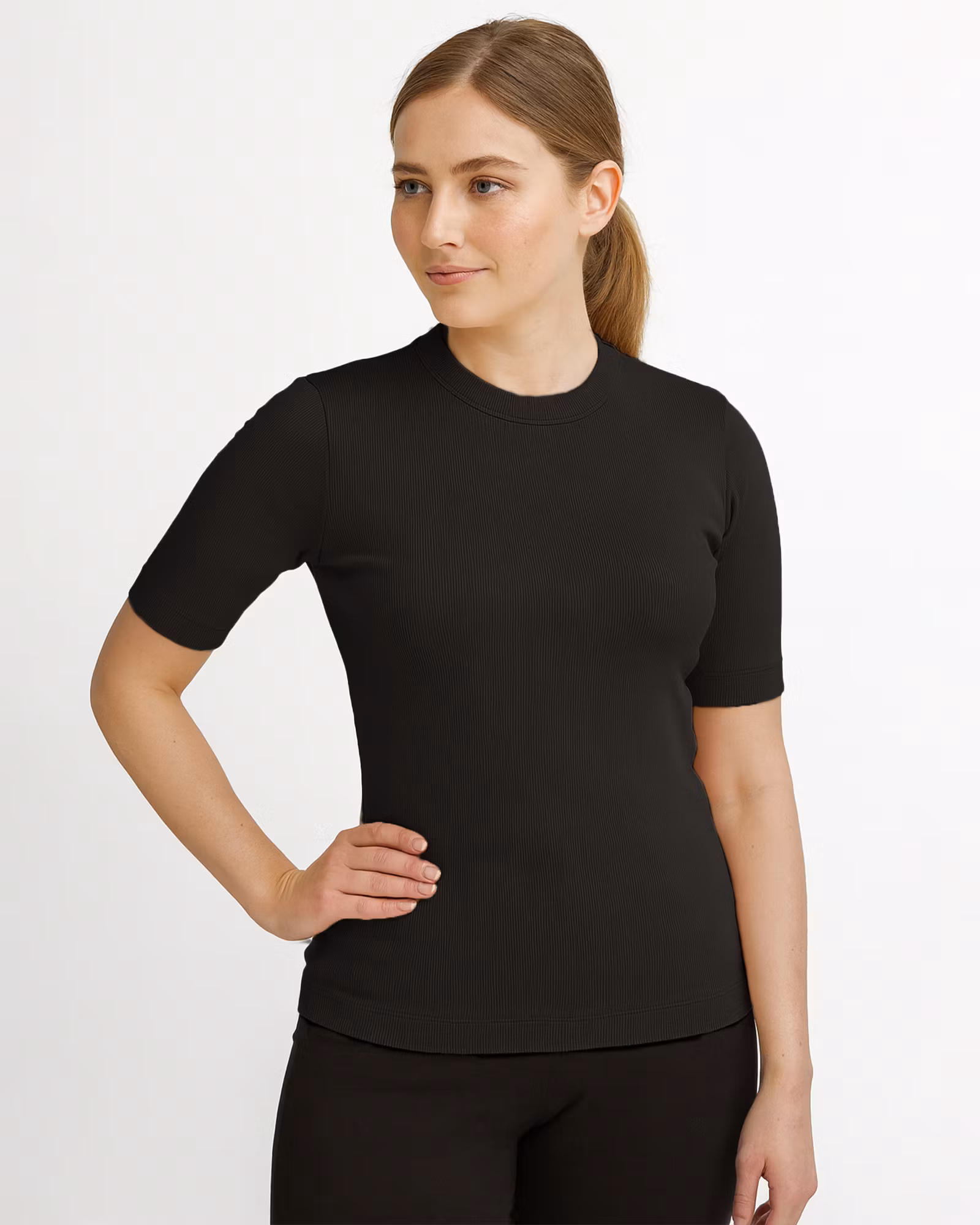 Kortärmad Ribbtop i Bomull – Dam, Svart (XS–XXL)