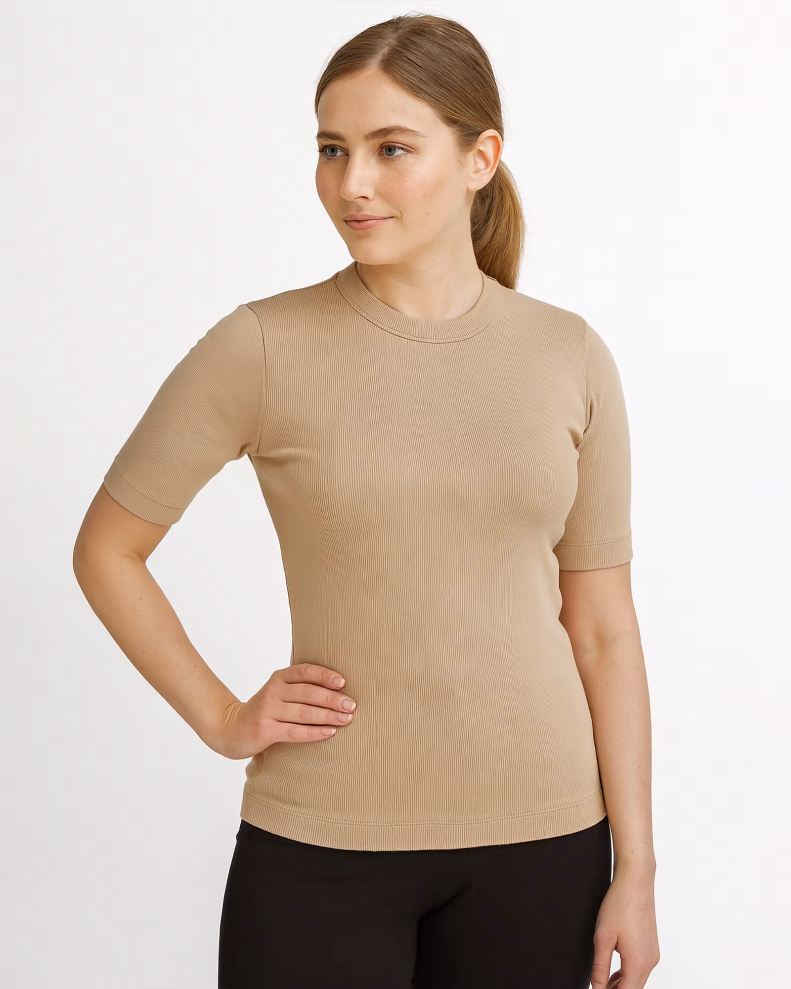 Kortärmad Ribbtop i Bomull – Dam, Beige (XS–XXL)