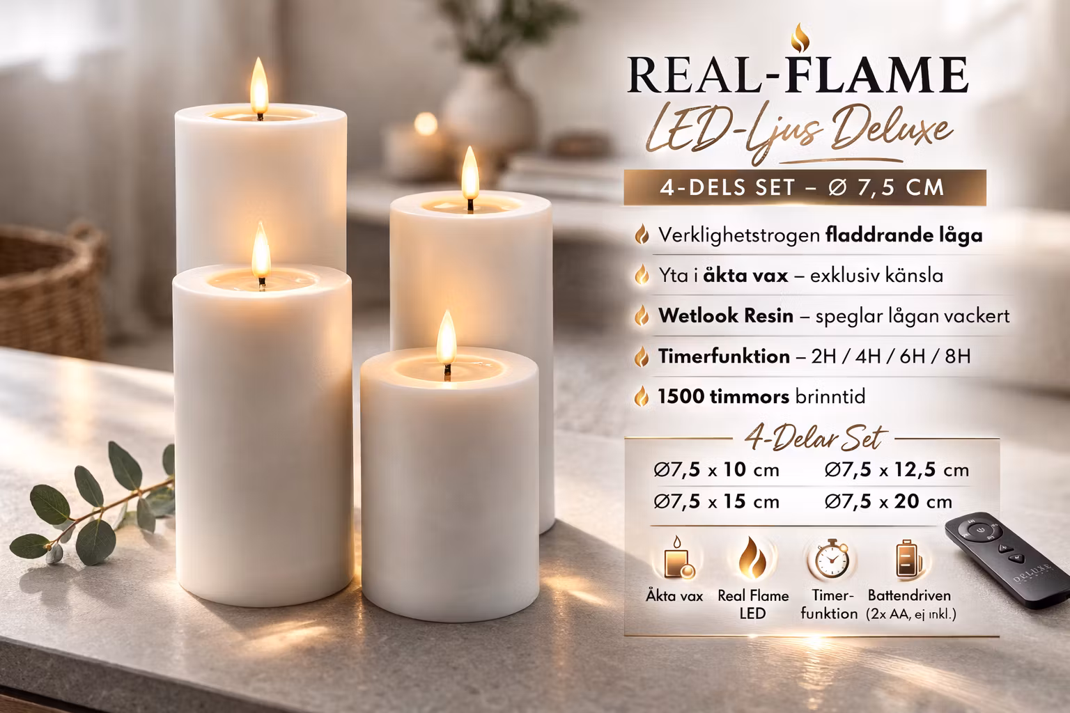 LED-Blockljus Deluxe Paket Ø7,5 Inomhus - VITA Set av 4