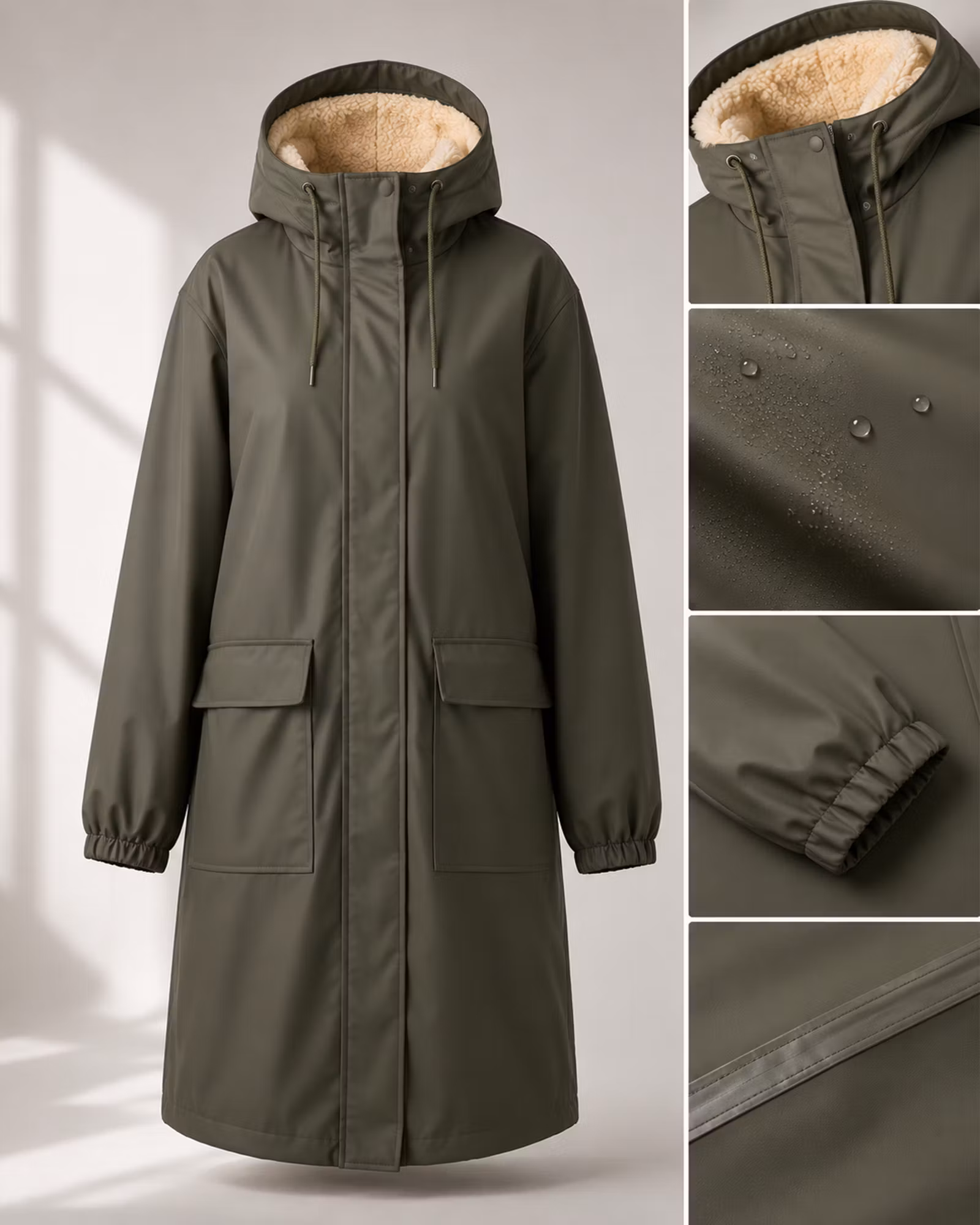 Fodrad Regnkappa Dam – PU & Soft Pile | Army Green