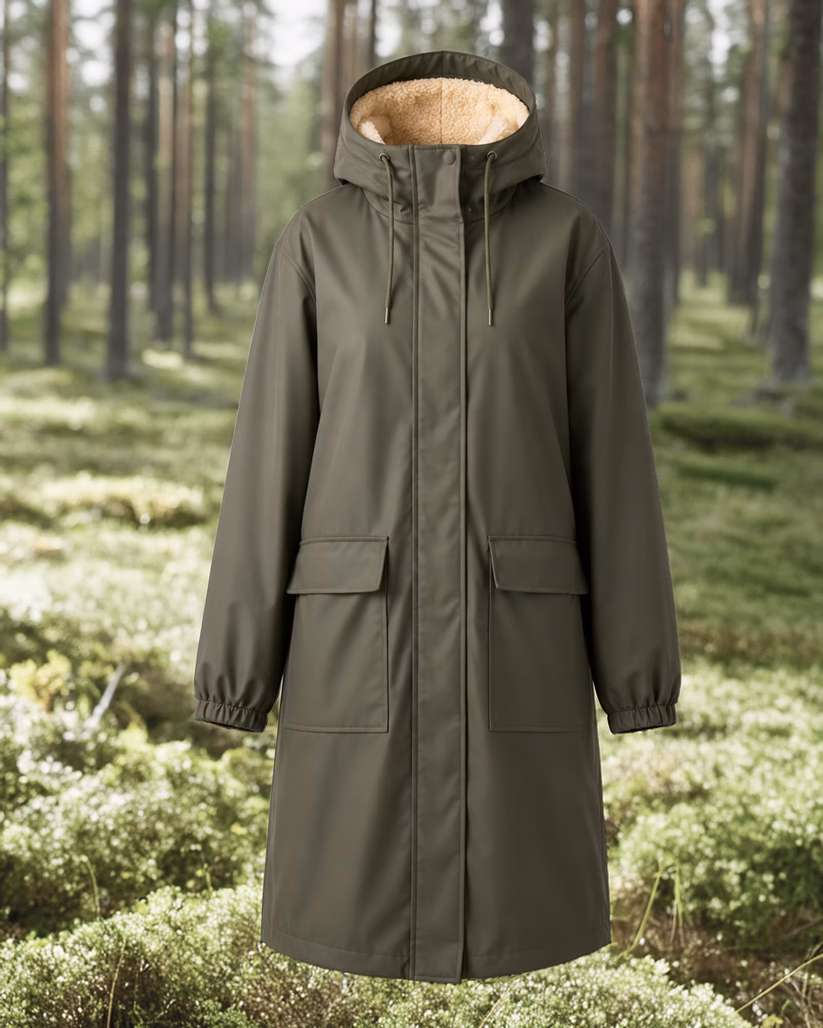 Fodrad Regnkappa Dam – PU & Soft Pile | Army Green