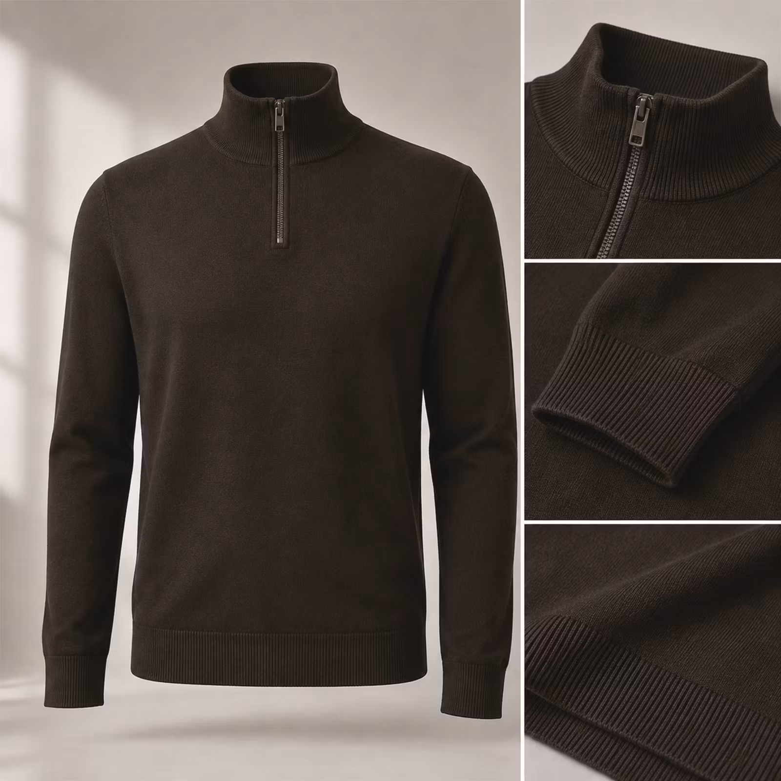 Half Zip Tröja Herr Olle – Stickad Bomullsmix | Mörkbrun
