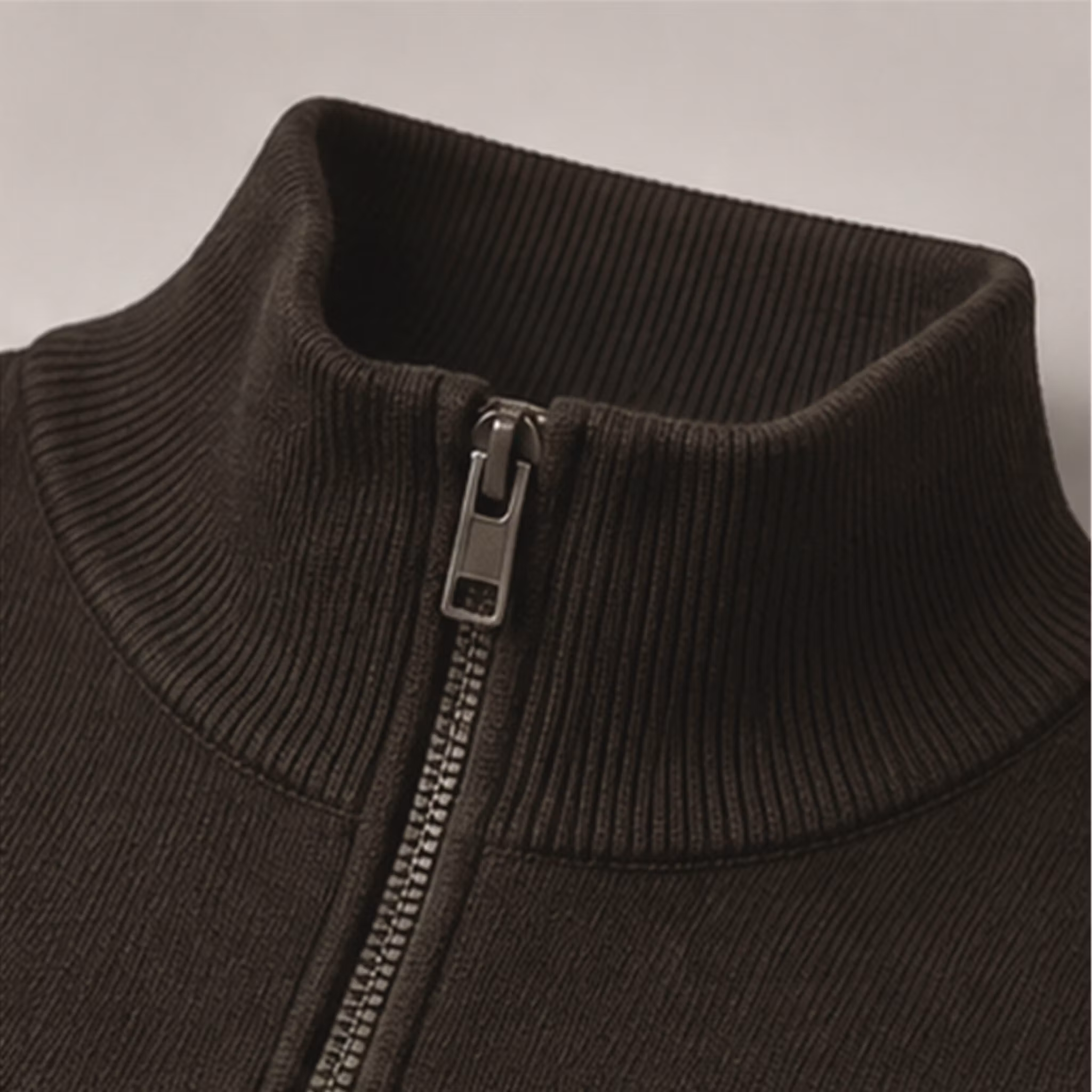 Half Zip Tröja Herr  – Stickad Bomullsmix | Mörkbrun