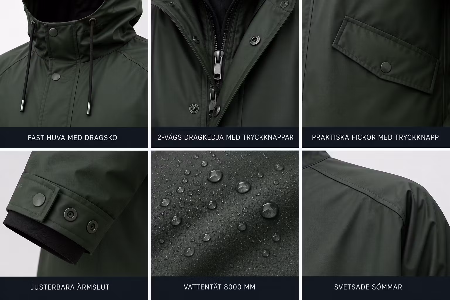 Regnjacka Herr PU Mid-Coat – Vattentät 8000 mm | Skogsgrön