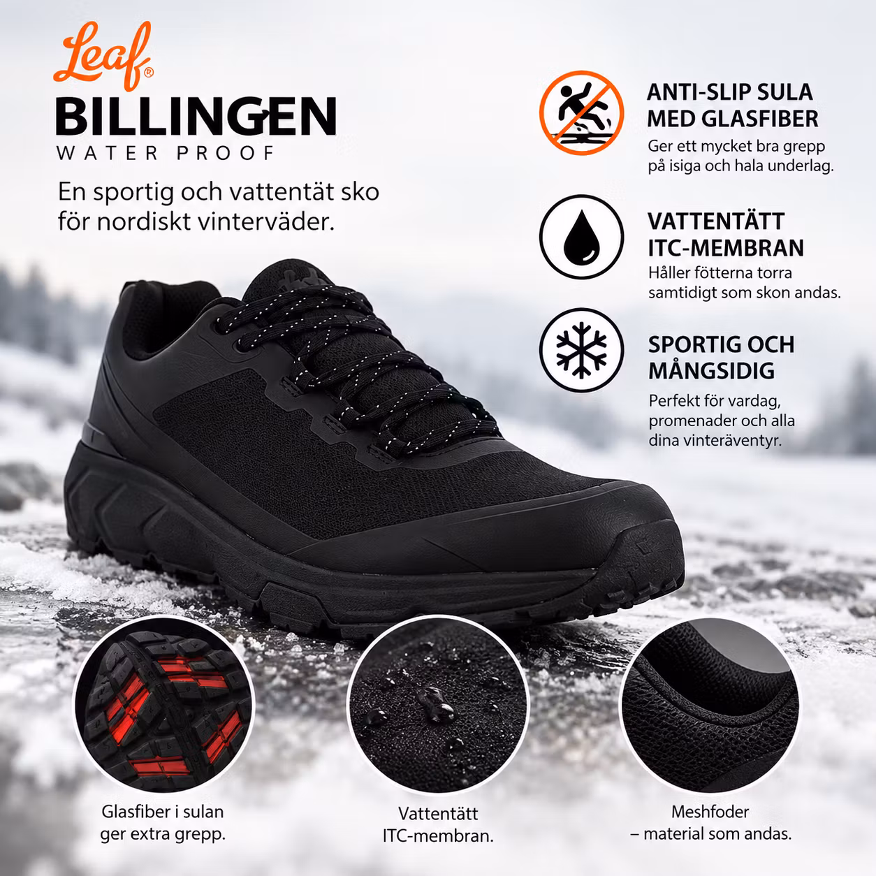 Vattentät Outdoorsko Billingen – Anti-Slip Glasfiber | Leaf Svart
