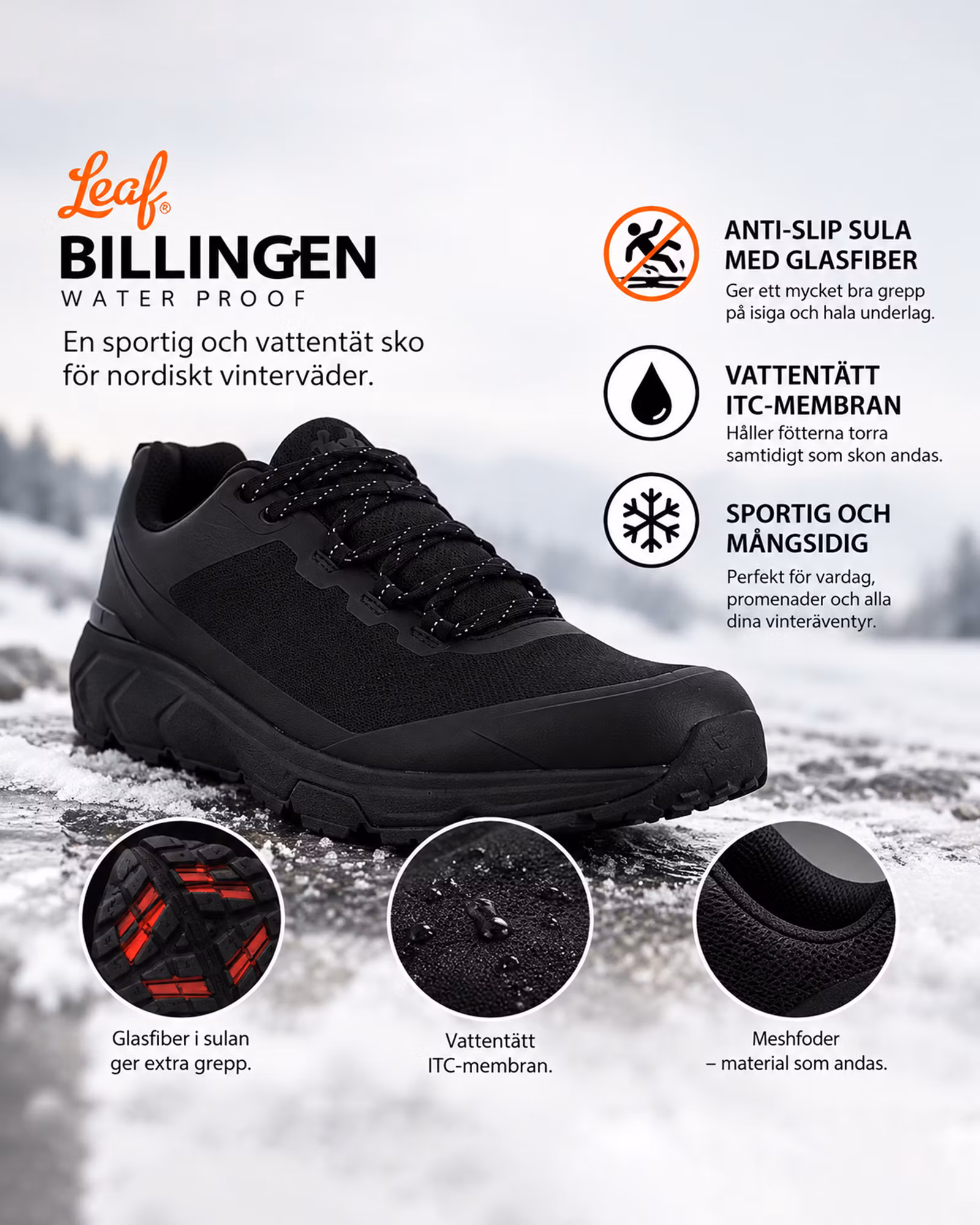Vattentät Outdoorsko Billingen – Anti-Slip Glasfiber | Leaf Svart