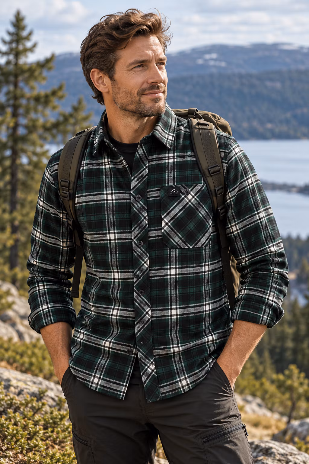 Flanellskjorta Herr Regular Fit – Grön/Svart | Mountain Trekking