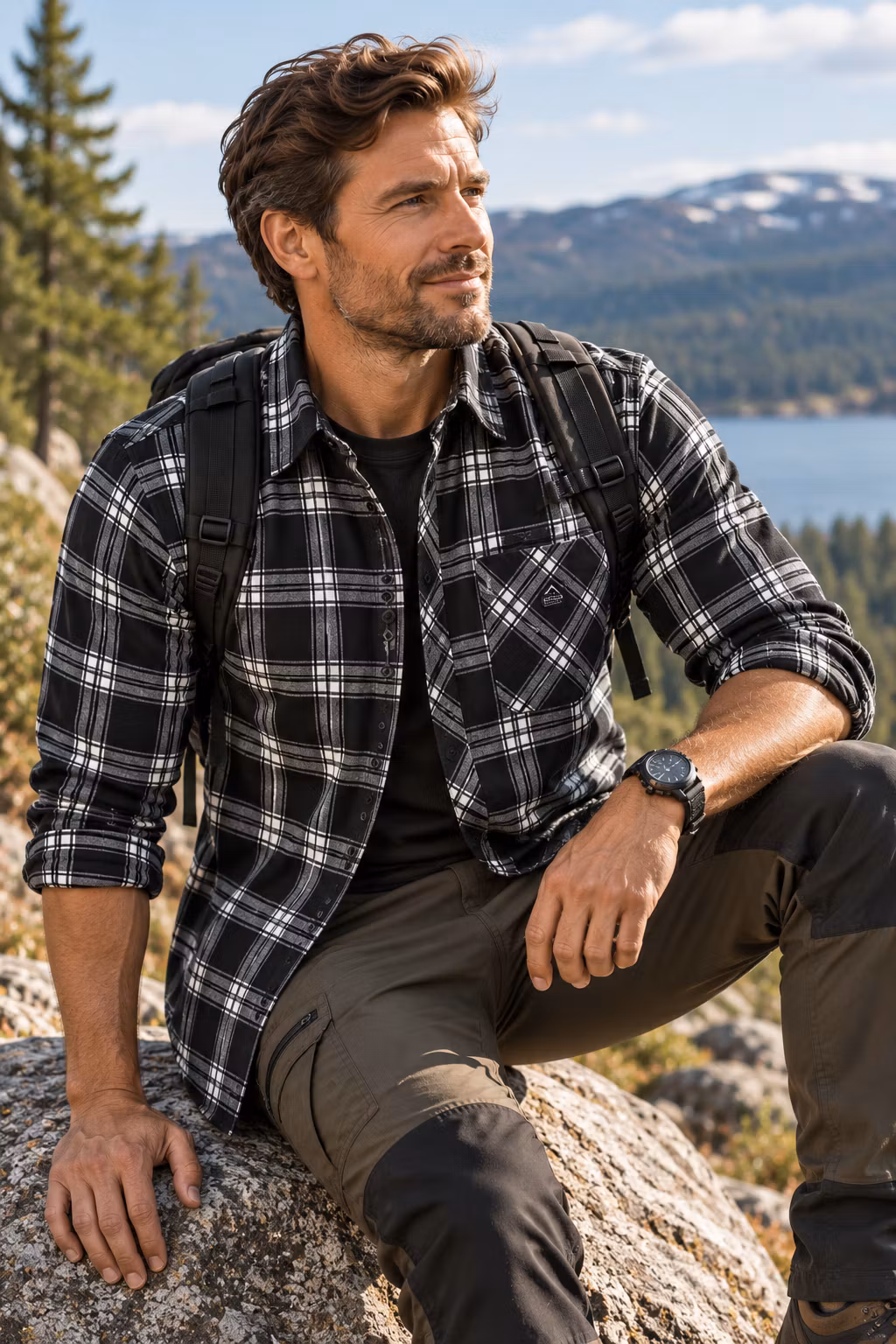 Flanellskjorta Herr Regular Fit – Svart/Vit | Mountain Trekking