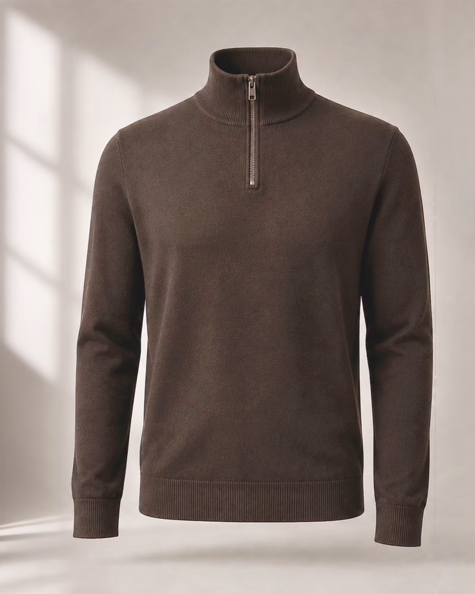 Half Zip Tröja Herr – Stickad Bomull/Viskos | Brun