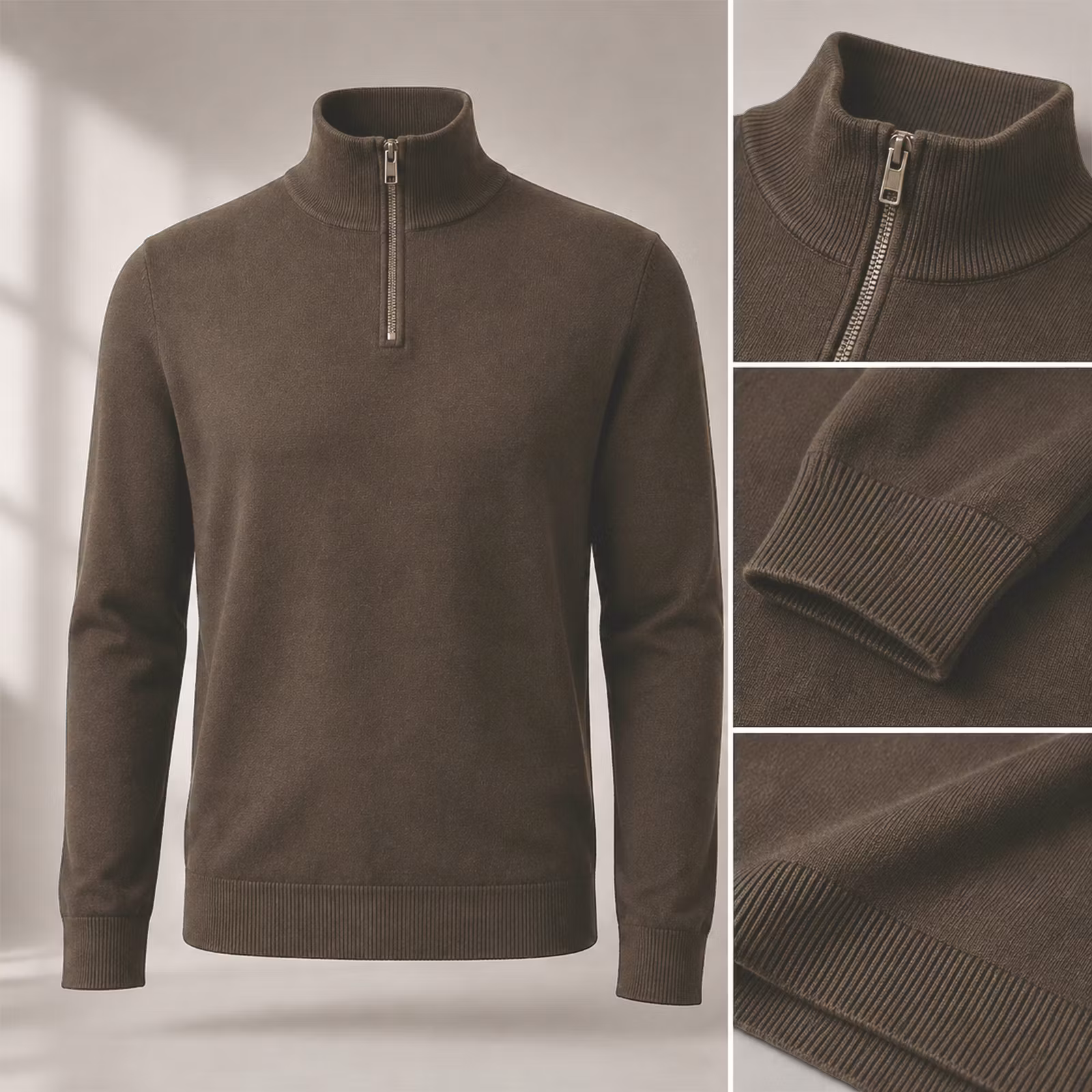 Half Zip Tröja Herr – Stickad Bomull/Viskos | Brun