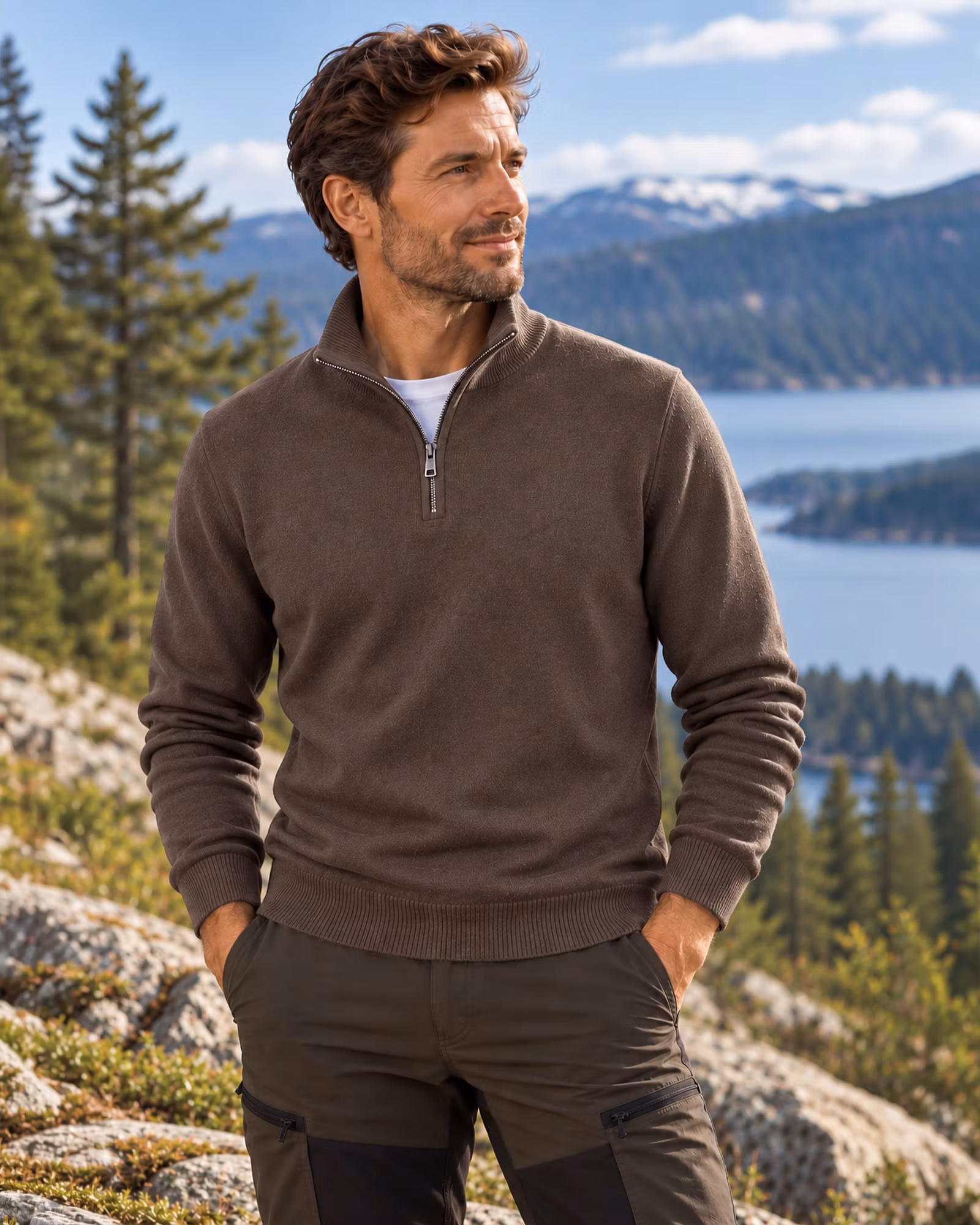 Half Zip Tröja Herr – Stickad Bomull/Viskos | Brun