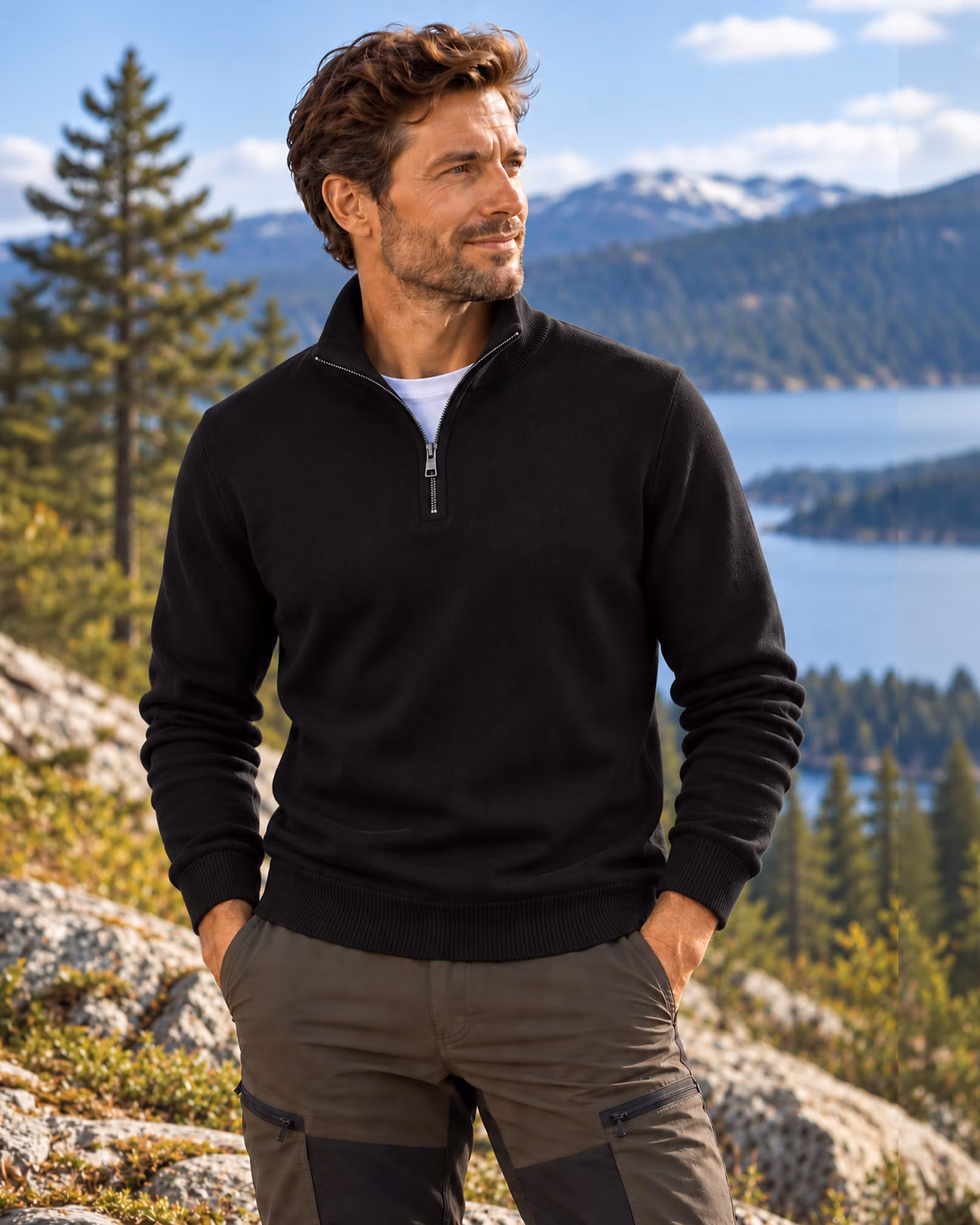 Half Zip Tröja Herr – Stickad Bomull/Viskos | Svart