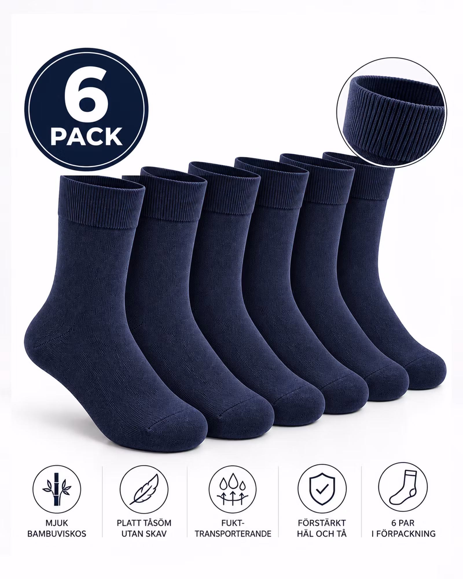 Bambustrumpor med Platt Tåsöm - Marinblå 6-pack | Extra Mjuka