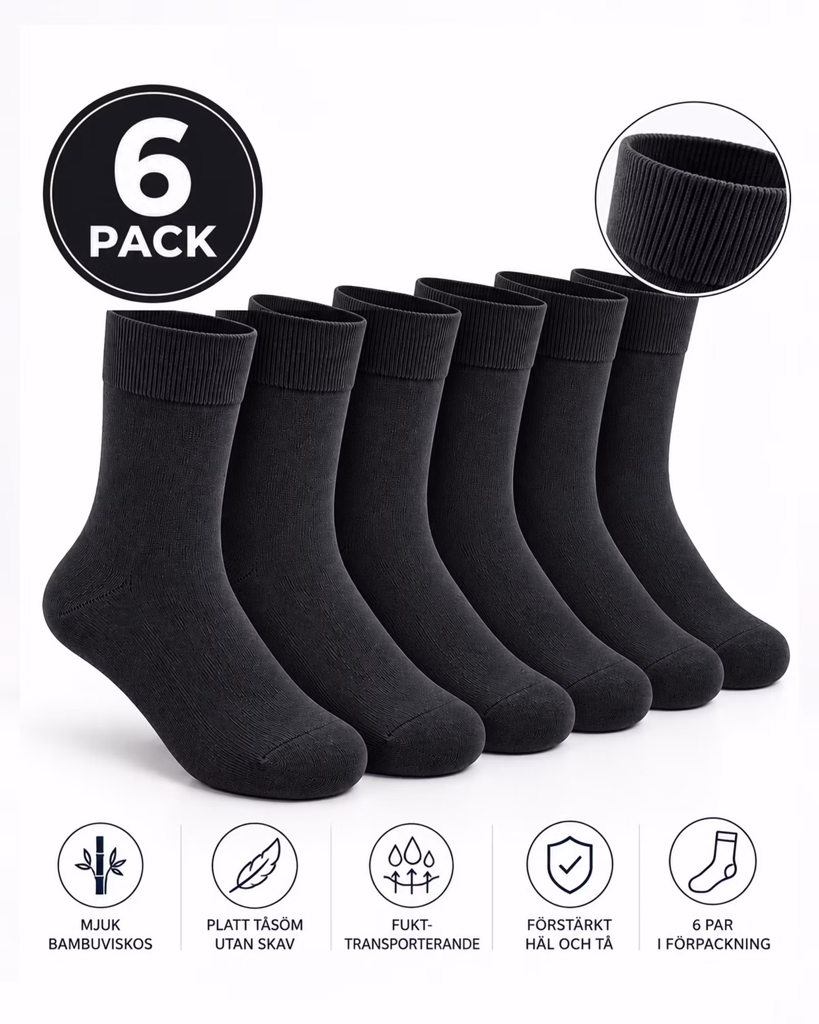 Bambustrumpor med Platt Tåsöm - Svart 6-pack | Extra Mjuka