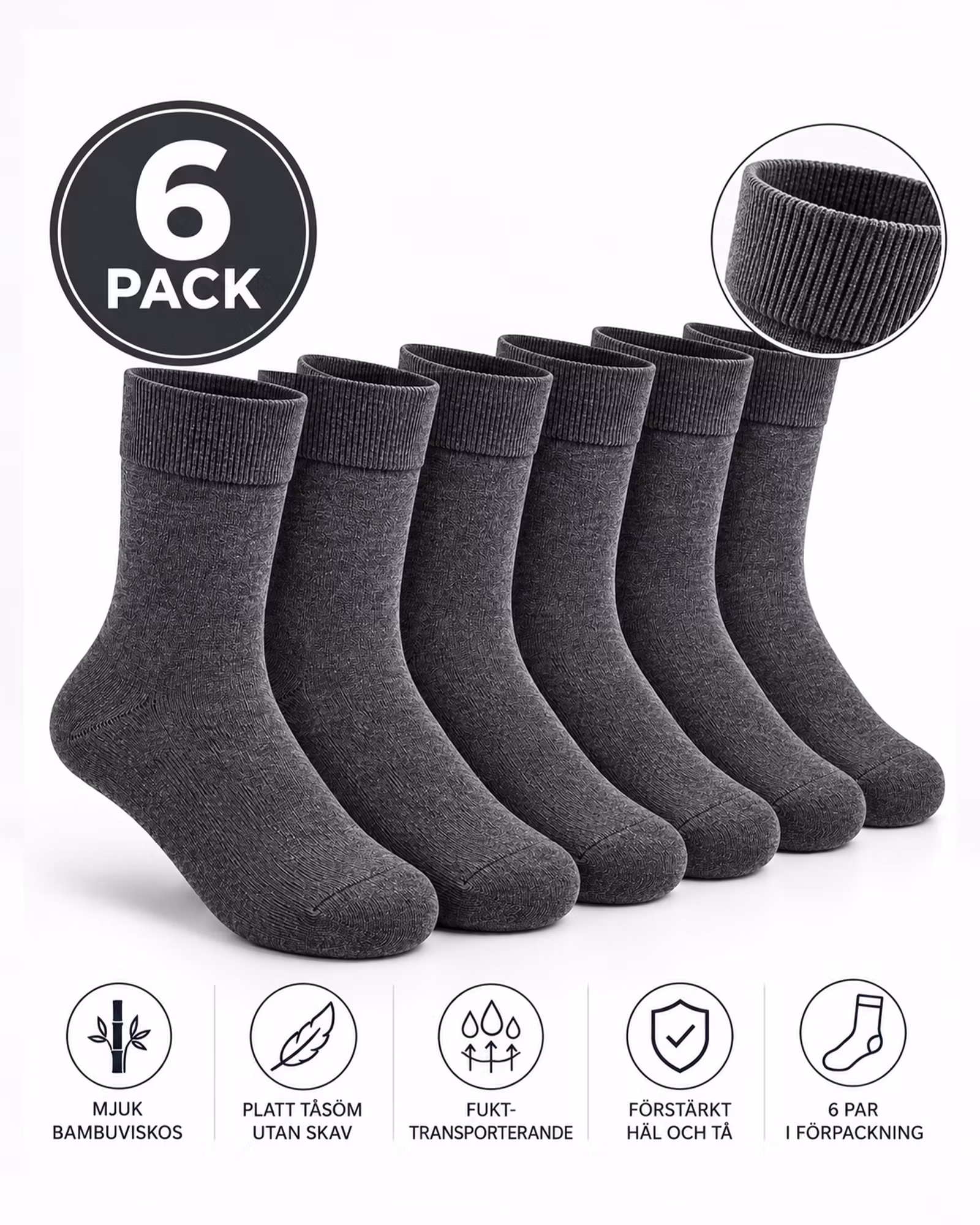 Bambustrumpor med Platt Tåsöm - Antracit 6-pack | Extra Mjuka