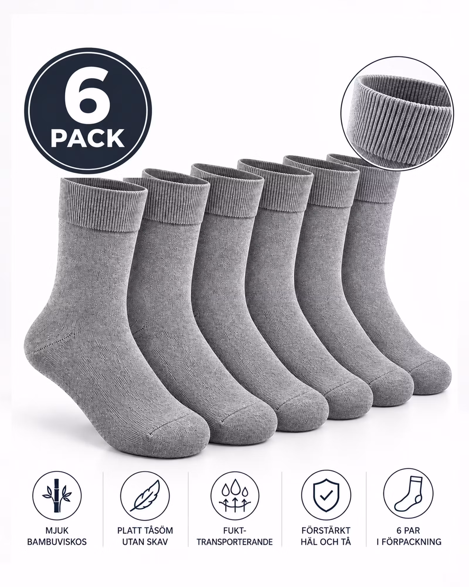 Bambustrumpor med Platt Tåsöm - Ljusgrå 6-pack | Extra Mjuka