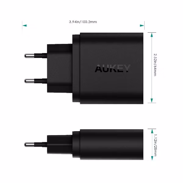 Aukey mobilladdare med 2 uttag med Quick Charge 3.0 mått