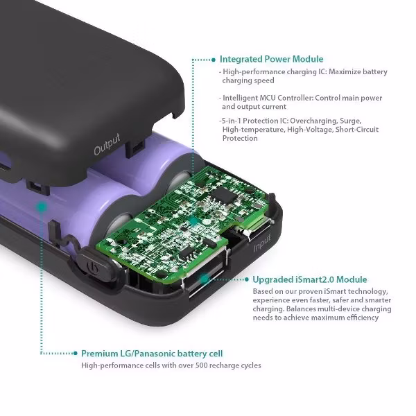 RAVPower 6700mAh Pocket powerbank skyddskretsar och komponenter