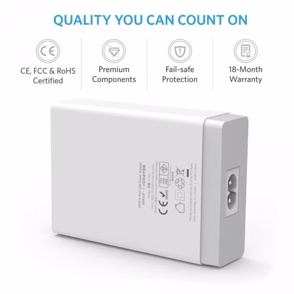 Anker PowerPort 6 mobilladdare med 6 uttag med certifieringar