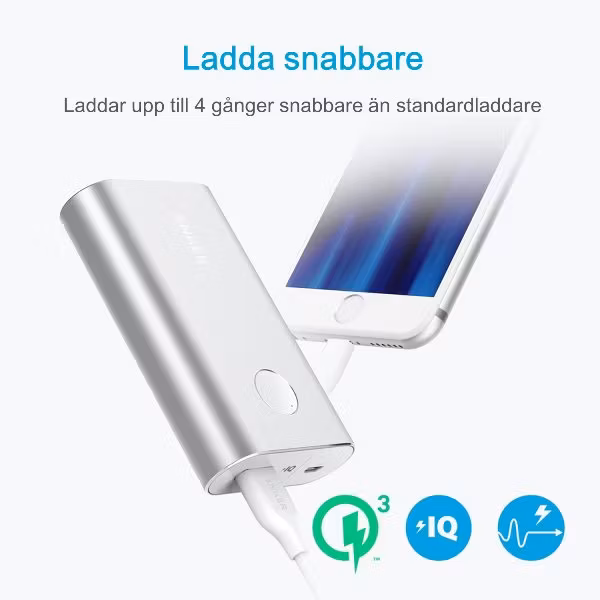 PowerCore plus 10050 QC3 powerbank silver laddar upp till 4 gånger snabbare