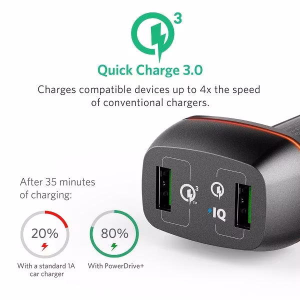 Anker PowerDrive Plus 2 med QC3.0 svart för snabbare laddning
