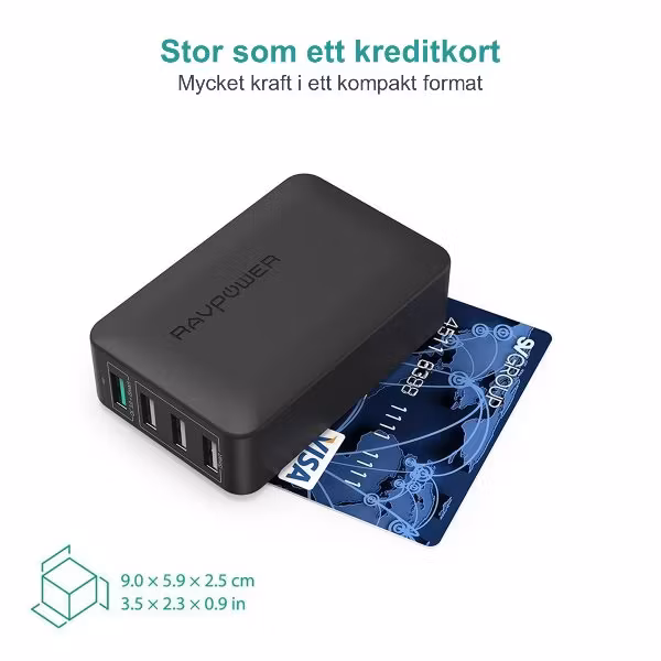 RAVPort mobilladdare med 4 uttag  och Quick Charge kompakt