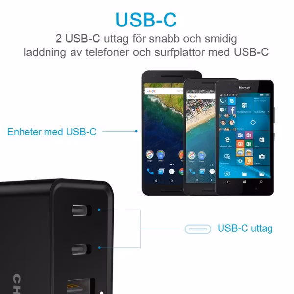 Choetech mobilladdare med 2 x USB-C och 4 x USB-A laddar både USB-C och USB