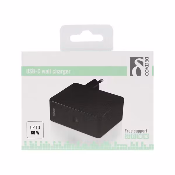 Deltaco USB-C laddare med 60W Power Delivery, förpackning - svart