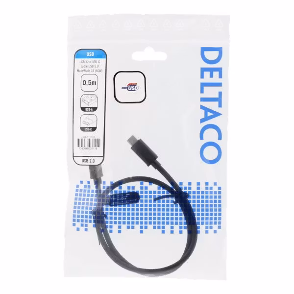 USB-A till USB-C kabel, svart, 50cm i påse